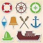 Nautical icons, colored stickers style, vector eps10 illustration