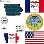 Vector set of Iowa, state with flag and icons on white background