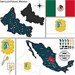 Vector map of state San Luis Potosi with coat of arms and location on Mexico map