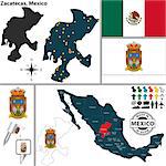 Vector map of state Zacatecas with coat of arms and location on Mexico map