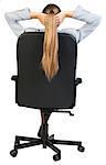 Businesswoman sitting back in office chair with her legs crossed and her hands clasped behind her head. Back view. Isolated over white background