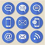 Vector communication flat icons on round blue buttons