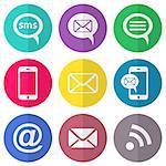Vector communication flat icons on round colorful buttons