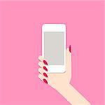 Female hand with mobile phone. Vector illustration