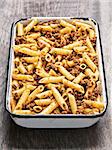 close up of a tray of rustic bolognese pasta