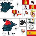 Vector map of region of Castile and Leon with coat of arms and location on Spanish map