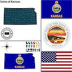 Vector set of Kansas state with flag and icons on white background
