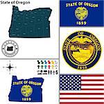 Vector set of Oregon state with seal, flag and icons on white background