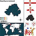 Vector map of Northern Ireland with coat of arms and location on world map