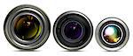 Three different sizes of camera lens on white background