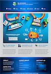 Modern website template with flat style infographics layout for your project. It includes laptop and mobile devices mockup, computers and desk supplies designs.