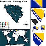 Vector map of Bosnia and Herzegovina with regions, coat of arms and location on world map