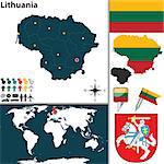 Vector map of Lithuania with coat of arms and location on world map