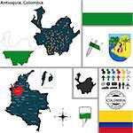 Vector map of region of Antioquia with coat of arms and location on Colombian map