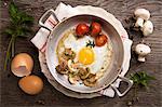 Fried egg with mushrooms and tomatoes