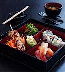 Japanese food in a square varnished box