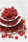 Red berries and cherries on a cake stand