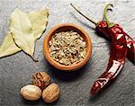 Fennel seeds, bay leaves, nutmeg and dried chilli peppers