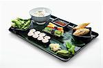 Sushi platter with rice and soy beans