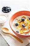 Yoghurt with peaches, blueberries, whole-grain flakes and chia seeds in a muesli bowl