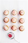 Raspberry and almond muffins decorated with buttercream and dried raspberry powder