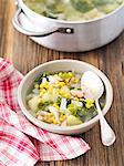 Savoy cabbage soup with ham and sweetcorn