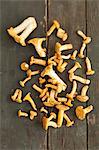 Chanterelle mushrooms on a rustic wooden table