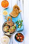 Falafel with hummus, tomato salad, unleavened bread and grated carrots