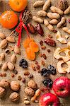 Nuts and dried fruit on a hessian sack