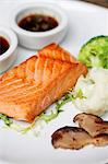 Grilled salmon fillet with vegetables and soy sauce