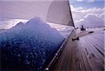 Endeavour's Bow and Wave during Caribbean Sail towards Island of Nevis