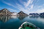 Expedition boat entering the Magdalenen Fjord, Svalbard, Arctic, Norway, Scandinavia, Europe