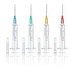 collection syringe with needle and cover with reflection on isolated white background
