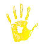 handprint yellow paint on a white background isolated