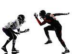 two american football players on scrimmage in silhouette shadow white background