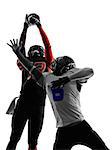 two american football players pass action in silhouette shadow on white background