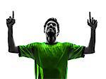 one soccer football player young man happiness joy pointing up in silhouette studio on white background