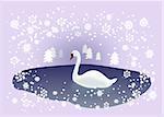 A swan swimming in a pond in the woods surrounded by ice crystals and snowflakes.