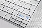 Silver keyboard with shopping cart icon and BUY text on keys. E commerce concept.