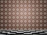 Illustration of background in with pattern wallpaper and checkered tile floor.