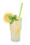 Popular cool drink lemonade in a tall glass with mint leaves isolated