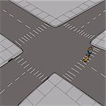 Pedestrian crossing street at intersection with pet