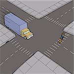 Truck driving fast across intersection toward pedestrian