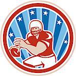 Illustration of an american football gridiron quarterback qb holding throwing ball viewed from front set inside circle with stars and stripes in the background done in retro style.