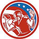 Illustration of an american football gridiron quarterback qb throwing ball set inside circle with american stars and stripes in the background done in retro style.