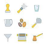 vector colored outline coffee barista equipment icons set tools espresso tamper, coffee wrench, measuring glass, pitcher, coffee beans, filter holder, funnel, knockbox, turk coffee pot