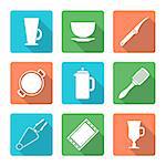 vector colored falt design dinnerware tableware utensil icons mug, soup plate, citrus knife, pan, teapot, grater, tongs, oven-tray, dripping pan, mug, cup