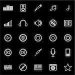 Music line icons on black background, stock vector