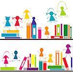Cartoon children playing on book shelves