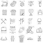 Black outline icons vector collection of elements and symbols for golf on white background.